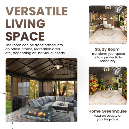 12' X 14' Hardtop Sunroom, Galvanized Steel Double Roof Gazebo Solarium with Detachable Windows & Lockable Doors, All-Weather Sun Room for Patio Deck Backyard