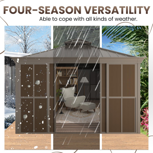 12' X 14' Hardtop Sunroom, Galvanized Steel Double Roof Gazebo Solarium with Detachable Windows & Lockable Doors, All-Weather Sun Room for Patio Deck Backyard
