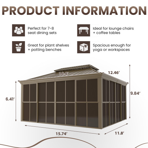 12' X 16' Hardtop Sunroom, Galvanized Steel Double Roof Gazebo Solarium with Detachable Windows & Lockable Doors, All-Weather Sun Room for Patio Deck Backyard