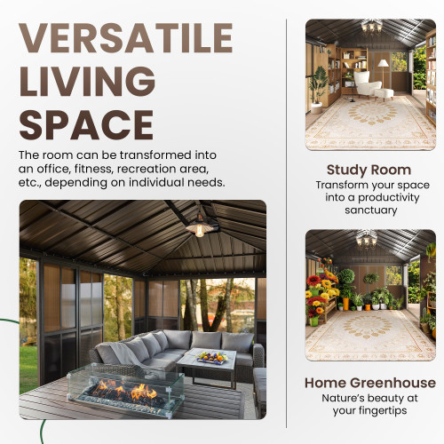 12' X 20' Hardtop Sunroom, Galvanized Steel Double Roof Gazebo Solarium with Detachable Windows & Lockable Doors, All-Weather Sun Room for Patio Deck Backyard
