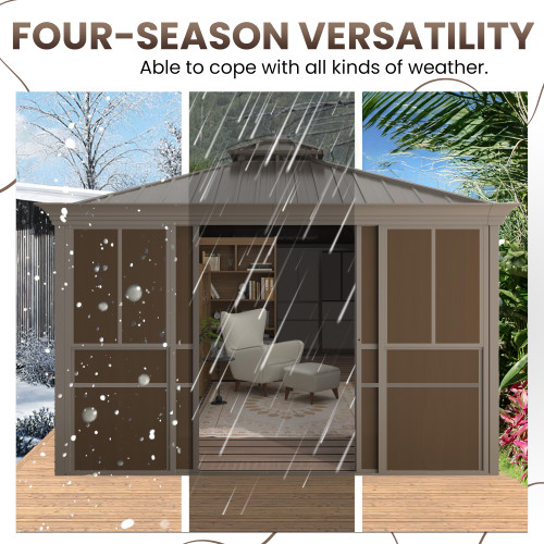 12' X 24' Hardtop Sunroom, Galvanized Steel Double Roof Gazebo Solarium with Detachable Windows & Lockable Doors, All-Weather Sun Room for Patio Deck Backyard