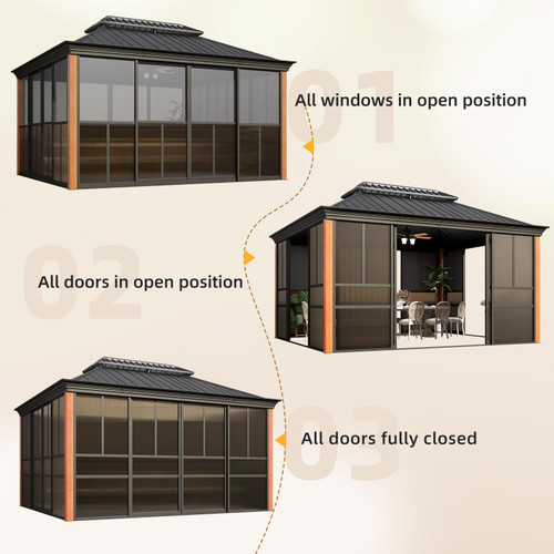 12' X 14' Hardtop Sunroom, Galvanized Steel Double Roof Gazebo Solarium with Wood Grain Aluminum Frame & Detachable Windows, All-Weather Sun Room for Patio Deck Backyard