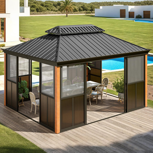 12' X 14' Hardtop Sunroom, Galvanized Steel Double Roof Gazebo Solarium with Wood Grain Aluminum Frame & Detachable Windows, All-Weather Sun Room for Patio Deck Backyard
