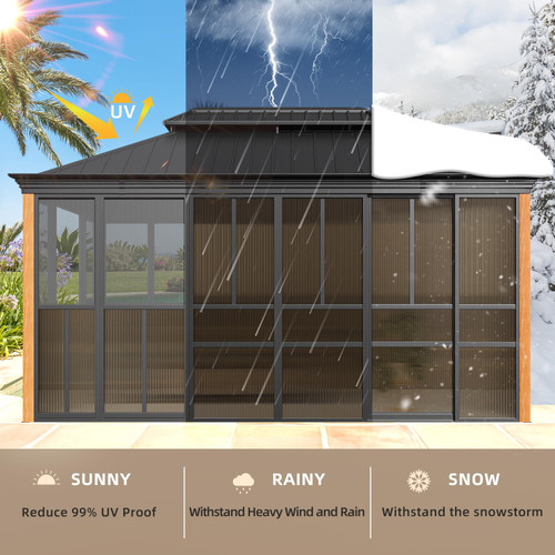 12' X 16' Hardtop Sunroom, Galvanized Steel Double Roof Gazebo Solarium with Wood Grain Aluminum Frame & Detachable Windows, All-Weather Sun Room for Patio Deck Backyard