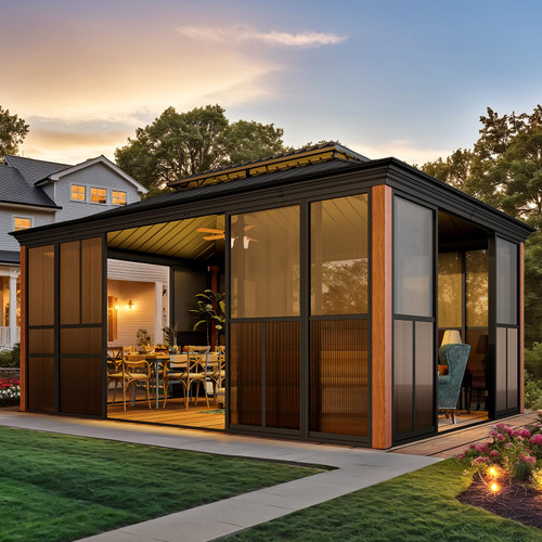 12' X 16' Hardtop Sunroom, Galvanized Steel Double Roof Gazebo Solarium with Wood Grain Aluminum Frame & Detachable Windows, All-Weather Sun Room for Patio Deck Backyard