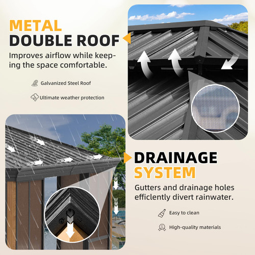 12' X 16' Hardtop Sunroom, Galvanized Steel Double Roof Gazebo Solarium with Wood Grain Aluminum Frame & Detachable Windows, All-Weather Sun Room for Patio Deck Backyard