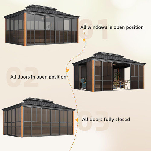 12' X 16' Hardtop Sunroom, Galvanized Steel Double Roof Gazebo Solarium with Wood Grain Aluminum Frame & Detachable Windows, All-Weather Sun Room for Patio Deck Backyard