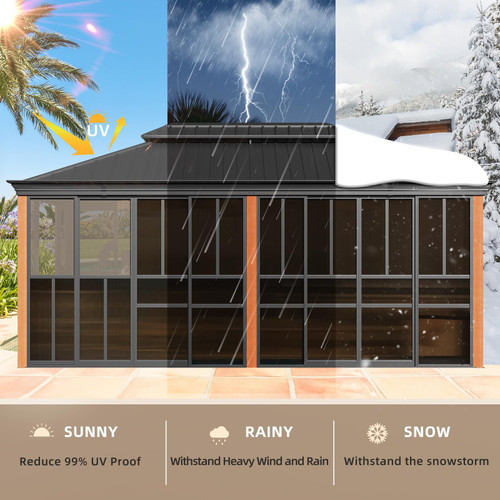  12' X 20' Hardtop Sunroom, Galvanized Steel Double Roof Gazebo Solarium with Wood Grain Aluminum Frame & Detachable Windows, All-Weather Sun Room for Patio Deck Backyard