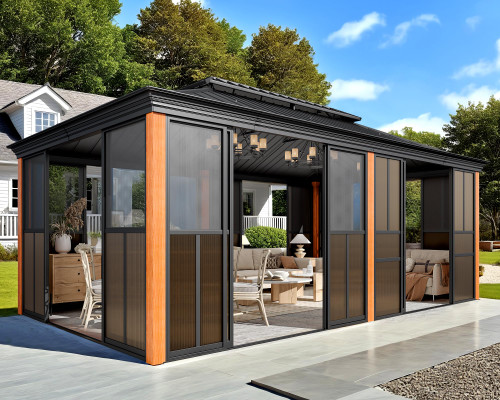  12' X 20' Hardtop Sunroom, Galvanized Steel Double Roof Gazebo Solarium with Wood Grain Aluminum Frame & Detachable Windows, All-Weather Sun Room for Patio Deck Backyard
