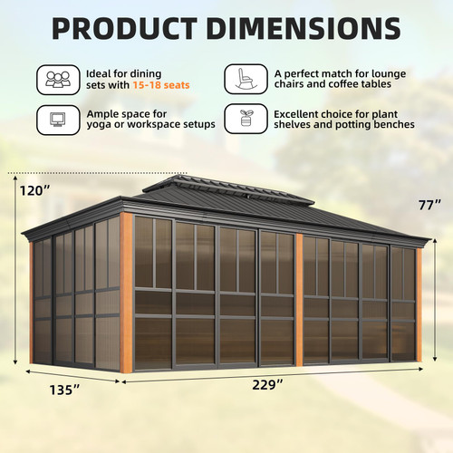  12' X 20' Hardtop Sunroom, Galvanized Steel Double Roof Gazebo Solarium with Wood Grain Aluminum Frame & Detachable Windows, All-Weather Sun Room for Patio Deck Backyard