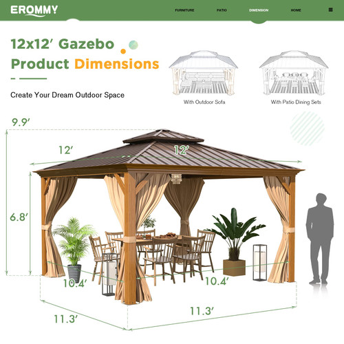 12' x 12' Gazebo, Wooden Finish Coated Aluminum Frame Canopy with Double Galvanized Steel Hardtop Roof, Outdoor Permanent Metal Pavilion with Curtains and Nettings for Patio, Backyard and Deck