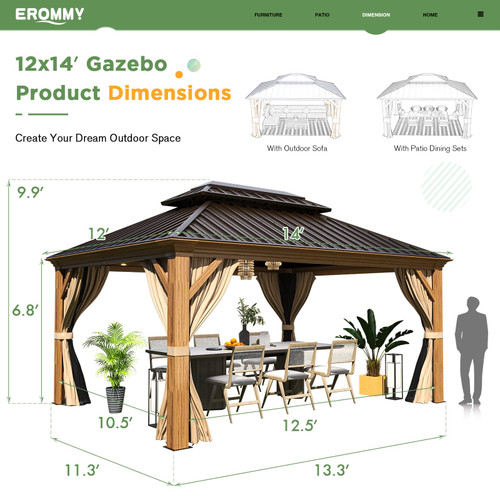 12x14 Gazebo, Wooden Finish Frame Gazebos with Galvanized Steel Roof for Patio & Backyard