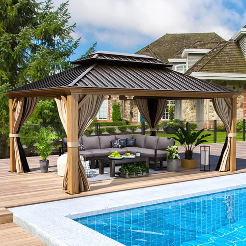 12'x16' Hardtop Gazebo, Wood Grain Aluminum Frame Outdoor Gazebo with Galvanized Steel Roof, Permanent Metal Pavilion with Curtains and Nettings for Patio, Backyard, Deck and Lawns