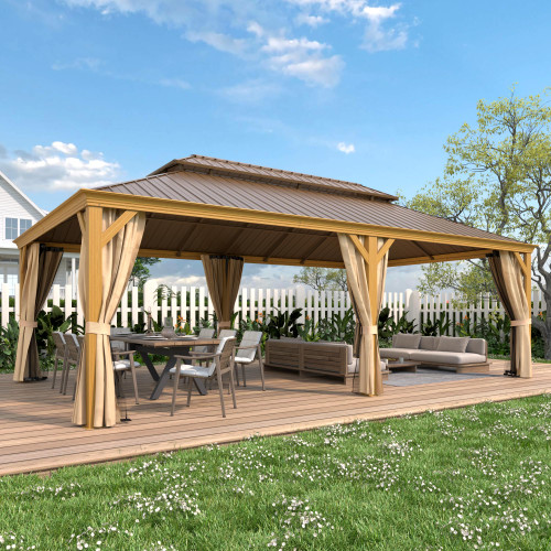 14'x22' Hardtop Gazebo, Galvanized Steel Double Roof with Wood Grain Aluminum Frame, Outdoor Gazebo with Curtains and Nettings for Patio, Backyard and Deck
