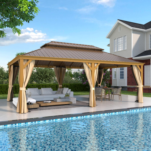 14'x24' Hardtop Gazebo, Galvanized Steel Double Roof with Wood-Looking Aluminum Frame, Outdoor Permanent Metal Pavilion with Curtains and Nettings for Patio, Backyard and Deck