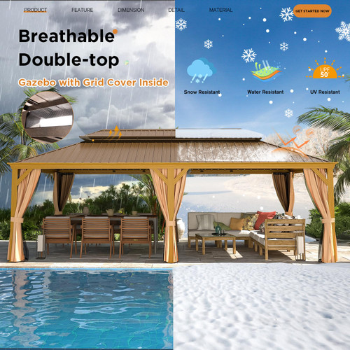 14'x24' Hardtop Gazebo, Galvanized Steel Double Roof with Wood-Looking Aluminum Frame, Outdoor Permanent Metal Pavilion with Curtains and Nettings for Patio, Backyard and Deck