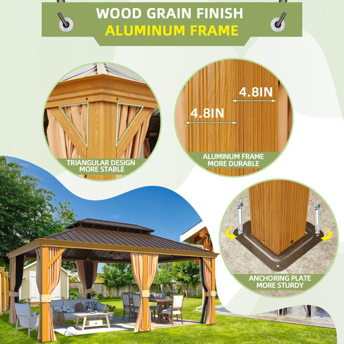 12'x18' Hardtop Gazebo, Galvanized Steel Double Roof with Wood Grain Aluminum Frame, Outdoor Permanent Metal Pavilion with Curtains and Nettings for Patio, Backyard and Deck