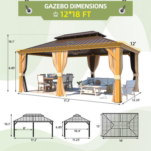 12'x18' Hardtop Gazebo, Galvanized Steel Double Roof with Wood Grain Aluminum Frame, Outdoor Permanent Metal Pavilion with Curtains and Nettings for Patio, Backyard and Deck