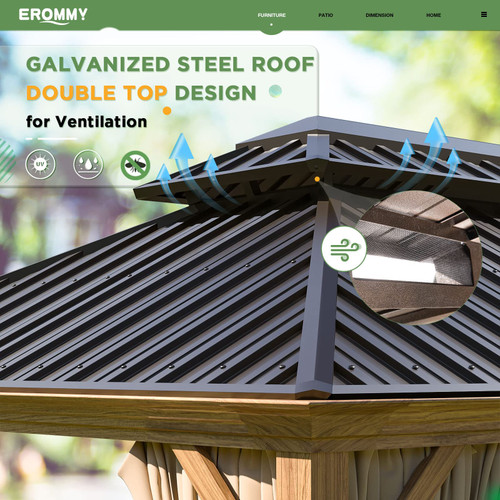 12'x20' Gazebo, Galvanized Steel Double Roof with Wood Grain Aluminum Frame, Outdoor Permanent Metal Pavilion with Curtains and Nettings for Patio, Backyard and Deck