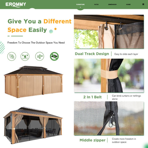 12'x20' Gazebo, Galvanized Steel Double Roof with Wood Grain Aluminum Frame, Outdoor Permanent Metal Pavilion with Curtains and Nettings for Patio, Backyard and Deck