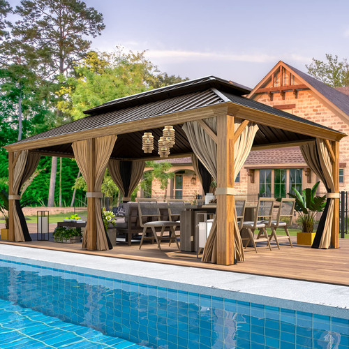 12'x20' Gazebo, Galvanized Steel Double Roof with Wood Grain Aluminum Frame, Outdoor Permanent Metal Pavilion with Curtains and Nettings for Patio, Backyard and Deck