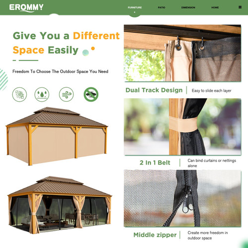 12'x22' Gazebo, Wooden Finish Coated Aluminum Frame Pergola with Double Galvanized Steel Hardtop Roof, Outdoor Permanent Metal Pavilion with Curtains and Nettings for Patio, Backyard and Deck