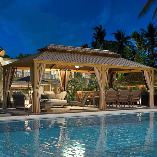 12'x24' Hardtop Gazebo, Galvanized Steel Double Roof with Wood Grain Aluminum Frame, Outdoor Gazebo with Curtains and Nettings for Patio, Backyard and Deck