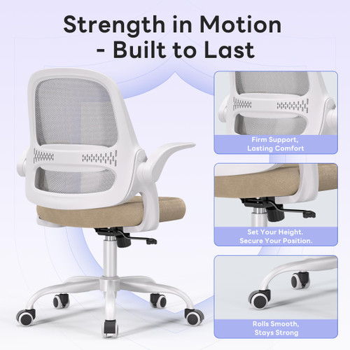 Office Chair，Ergonomic Mesh Desk Chair,Flip-Up Arms,Adjustable Height,Breathable Mesh Back & Thick Cushion Seat,360°Swivel Rolling Computer Chair,BIFMA Certified,Supports 300 lbs(Beige)