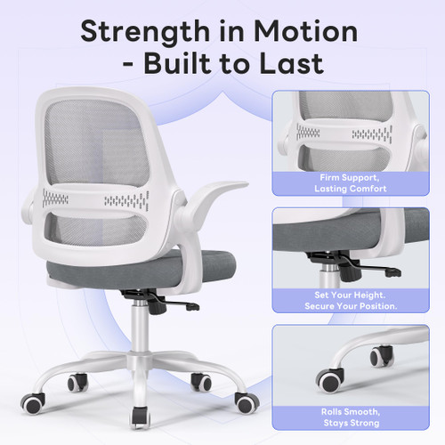 Office Chair，Ergonomic Mesh Desk Chair,Flip-Up Arms,Adjustable Height,Breathable Mesh Back & Thick Cushion Seat,360°Swivel Rolling Computer Chair,BIFMA Certified,Supports 300 lbs(Gray)