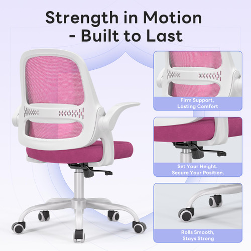 Office Chair，Ergonomic Mesh Desk Chair,Flip-Up Arms,Adjustable Height,Breathable Mesh Back & Thick Cushion Seat,360°Swivel Rolling Computer Chair,BIFMA Certified,Supports 300 lbs(Pink)