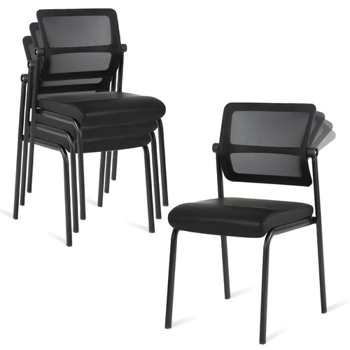 CLATINA 4PK Mesh Stacking Office Desk Chairs, Portable Stackable Bulk Waiting Room Armless Chair with Adjustable Back & Leather Seat for Guest Lobby Side School Church Conference Break, Black