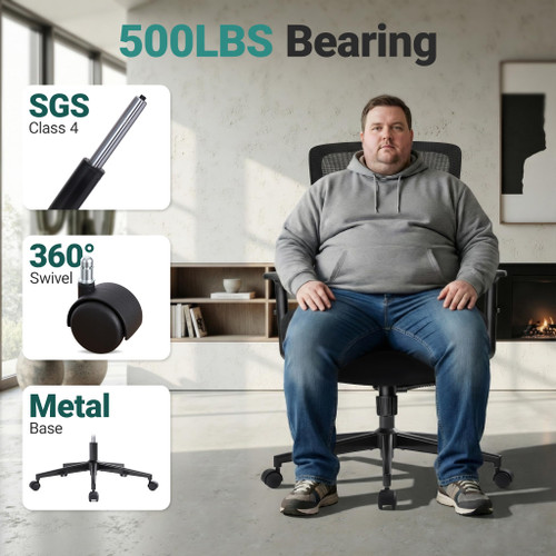 Big and Tall Home Office Desk Chair 500lb Capacity for Heavy People, Ergonomic Wide Mesh Desk Chair with Stepless Recline & Lock, 5.5" Thick Cushion, High Back, Adjustable Height & Armrests