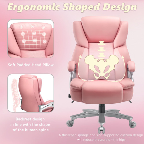 Big and Tall Office Chair,500lbs Capacity Heavy Duty Office Chair for Heavy People, High Back Executive Computer Chair with Adjustable Lumbar Support, Quiet Rubber Wheel (Pink)