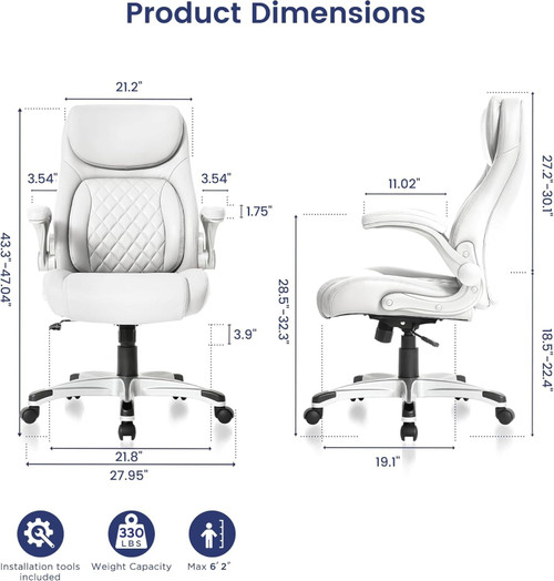 Ergonomic Office Chair Premium Leather Adjustable Lumbar Support & Armrests, High Back Comfy Desk Gaming Chairs Executive Computer Swivel Chair Tilt Function(Posture,White)