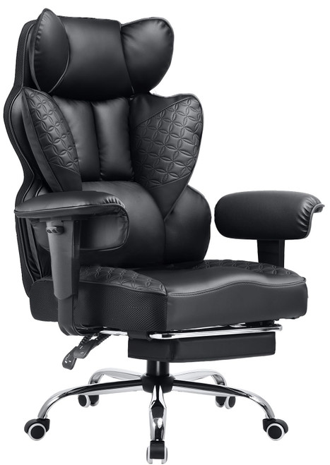 Big and Tall Office Chair Heavy Duty Wide Ergonomic Gaming Chair with Deluxe Embossing Designed Leather with Foot Rest,150°Reclining Adjustable Armrests Pocket Spring Back Support and Pillow