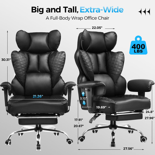 Big and Tall Office Chair Heavy Duty Wide Ergonomic Gaming Chair with Deluxe Embossing Designed Leather with Foot Rest,150°Reclining Adjustable Armrests Pocket Spring Back Support and Pillow