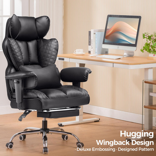 Big and Tall Office Chair Heavy Duty Wide Ergonomic Gaming Chair with Deluxe Embossing Leather with Foot Rest 150°Reclining Adjustable Armrests Pocket Spring Back Support and Without Pillow