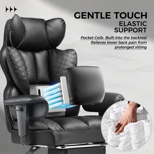 Big and Tall Office Chair Heavy Duty Wide Ergonomic Gaming Chair with Deluxe Embossing Leather with Foot Rest 150°Reclining Adjustable Armrests Pocket Spring Back Support and Without Pillow