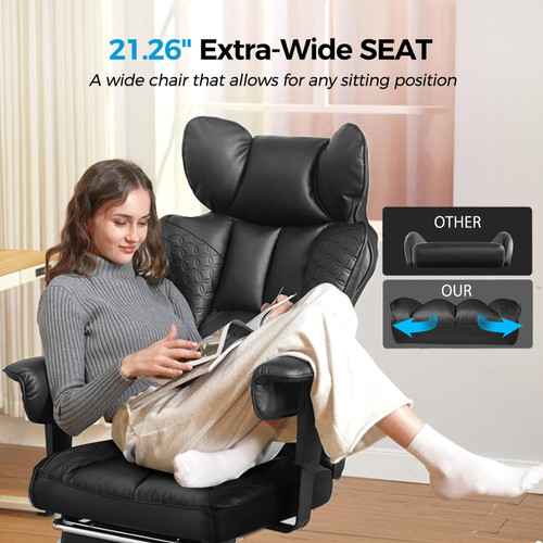 Big and Tall Office Chair Heavy Duty Wide Ergonomic Gaming Chair with Deluxe Embossing Leather with Foot Rest 150°Reclining Adjustable Armrests Pocket Spring Back Support and Without Pillow