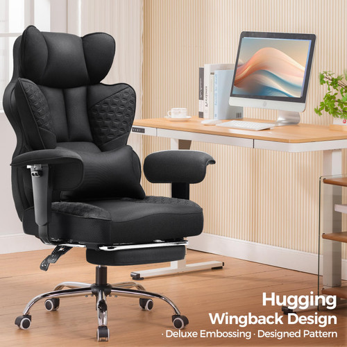 Big and Tall Office Chair Heavy Duty Wide Ergonomic Fabric Deluxe Embossing Designed Gaming Chair with Foot Rest,150°Reclining Adjustable Armrests Pocket Spring Back Support and Pillow