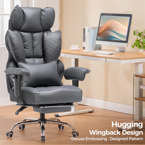 Big and Tall Office Chair Heavy Duty Wide Ergonomic Gaming Chair with Deluxe Embossing Designed Leather with Foot Rest,150°Reclining Adjustable Armrests Pocket Spring Back Support and Pillow