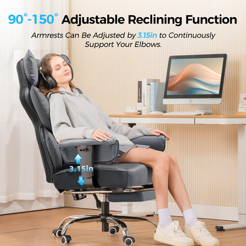 Big and Tall Office Chair Heavy Duty Wide Ergonomic Gaming Chair with Deluxe Embossing Designed Leather with Foot Rest,150°Reclining Adjustable Armrests Pocket Spring Back Support and Pillow