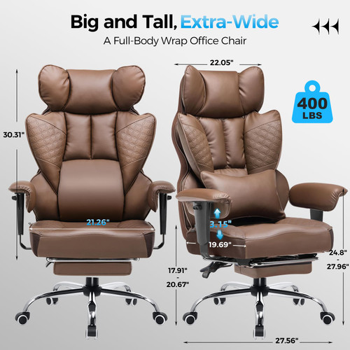 Big and Tall Office Chair Heavy Duty Wide Ergonomic Gaming Chair with Deluxe Embossing Designed Leather with Foot Rest,150°Reclining Adjustable Armrests Pocket Spring Back Support and Pillow