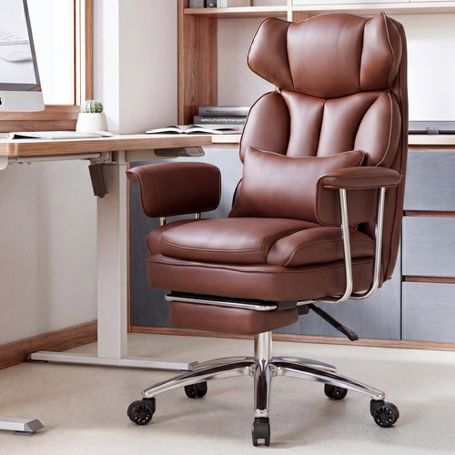 Executive Home Office Desk Chair - Ergonomic Big Tall High Back with Footrest & Lumbar Support, Reclining Height Adjustable, Comfy PU Leather Computer Gaming with Swivel Wheels, Brown