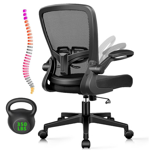 Office Desk Chairs with Wheels, Ergonomic Mesh Chair with Adjustable Height Lumbar Support, Rolling Swivel Computer Task Chair with Flip Up Armrests for Home, Study, Conference, Black