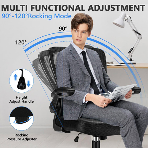 Office Desk Chairs with Wheels, Ergonomic Mesh Chair with Adjustable Height Lumbar Support, Rolling Swivel Computer Task Chair with Flip Up Armrests for Home, Study, Conference, Black