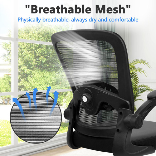 Home Office Desk Chair with Flip Up Armrests, Mesh Back Chair with Adjustable Height Lumbar Support and Leather Seat, Ergonomic Computer Task Chair for School, Conference, Black