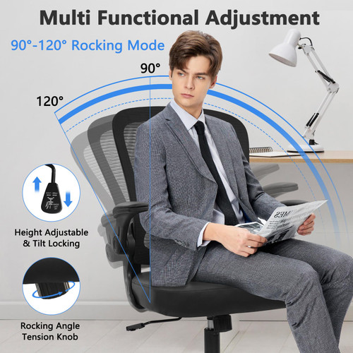 Home Office Desk Chair with Flip Up Armrests, Mesh Back Chair with Adjustable Height Lumbar Support and Leather Seat, Ergonomic Computer Task Chair for School, Conference, Black