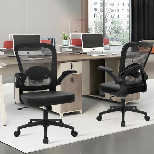 Home Office Desk Chair with Flip Up Armrests, Mesh Back Chair with Adjustable Height Lumbar Support and Leather Seat, Ergonomic Computer Task Chair for School, Conference, Black