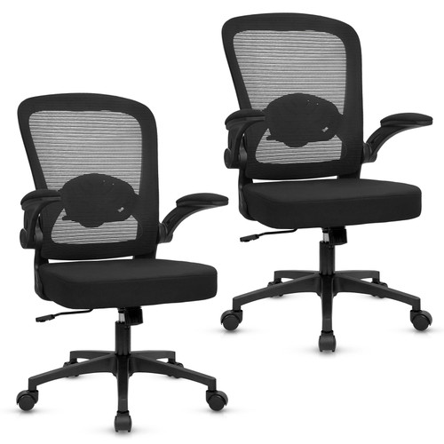  (2PK) Home Office Desk Chair with Flip Up Armrests, Mesh Back Chair with Adjustable Height Lumbar Support, Ergonomic Computer Task Chair with Wheels for School, Conference, Black